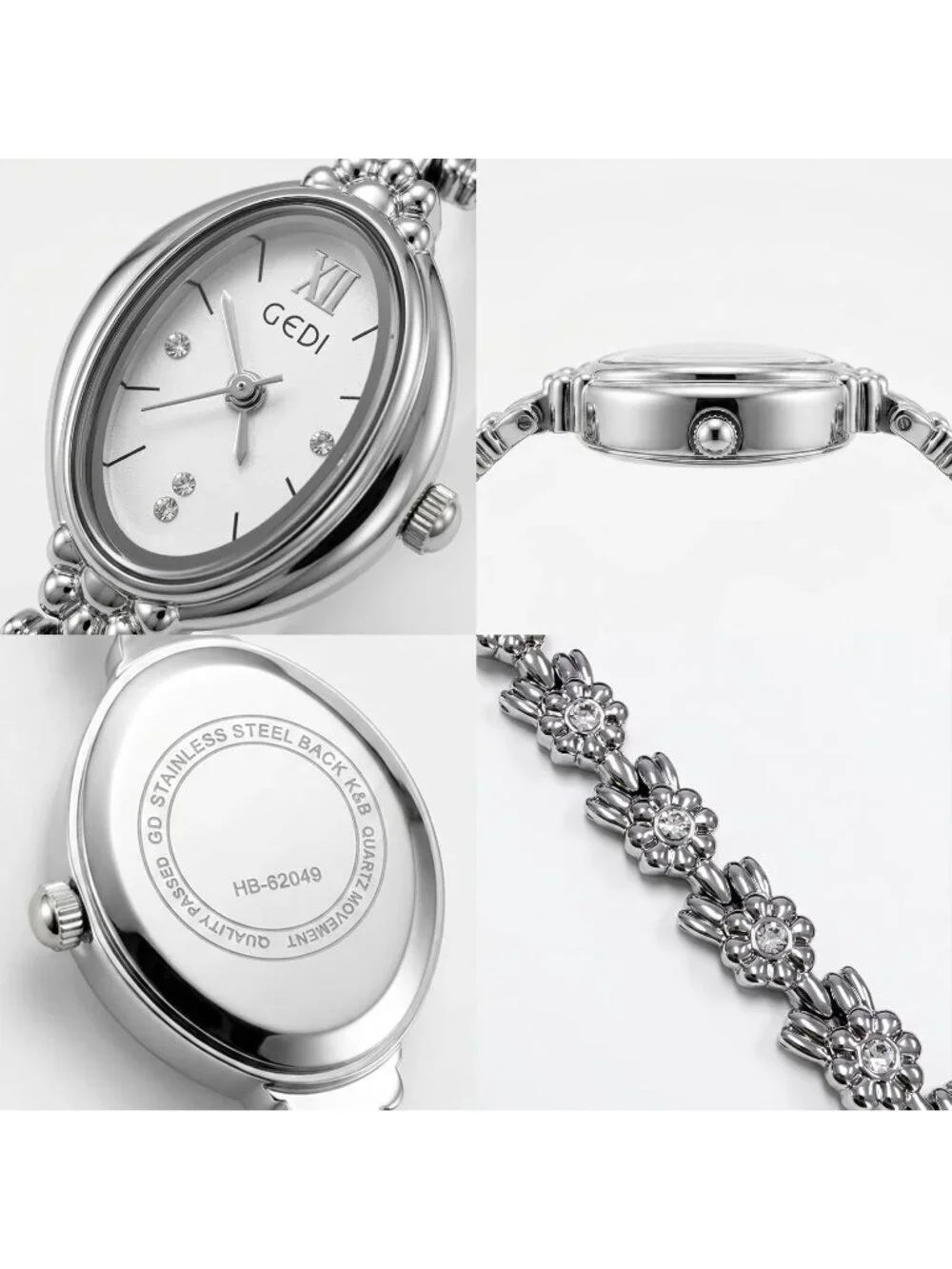 Women's White Silver Analog Quartz Alloy Steel Oval Roman Numeral Bracelet Watch
